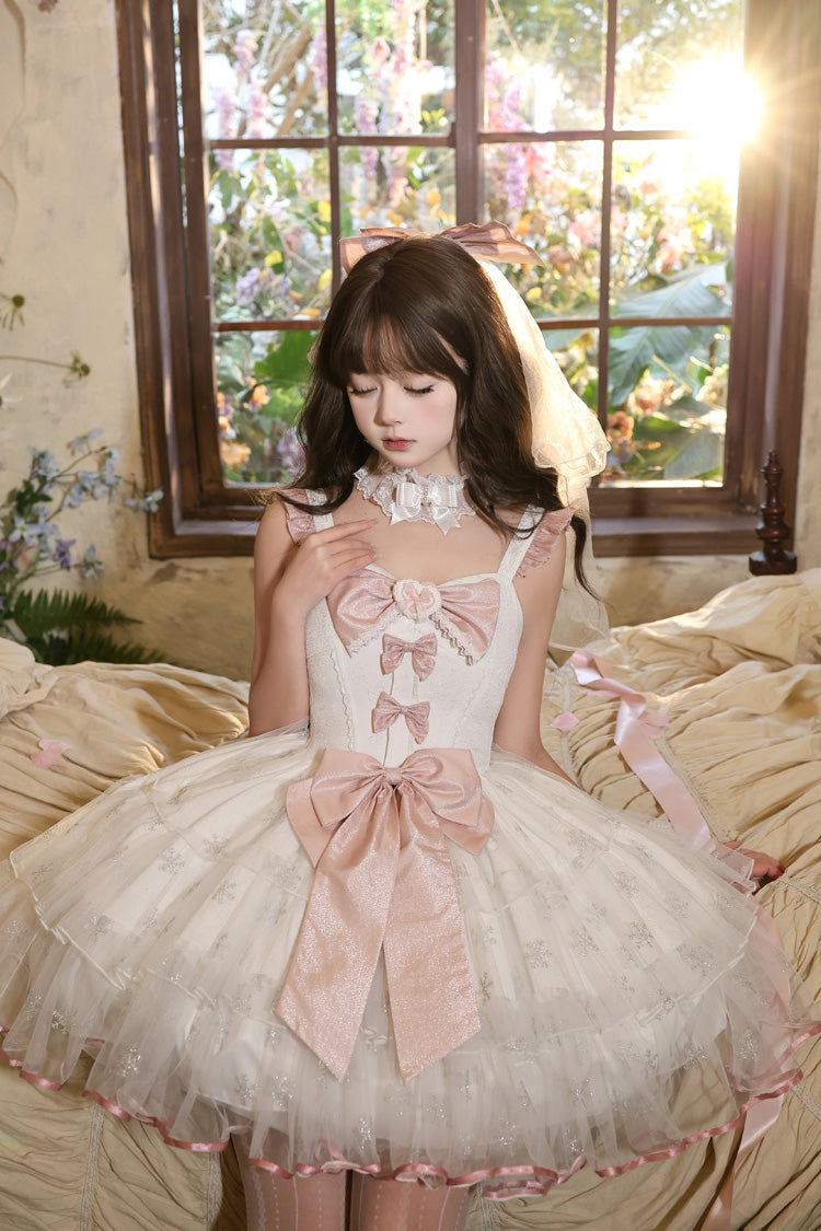 Pink [Star Weaving Dream Language] Sleeveless Ruffled Open-Front Bow Lace Sweet Lolita Jsk Dress Set - Product - 4