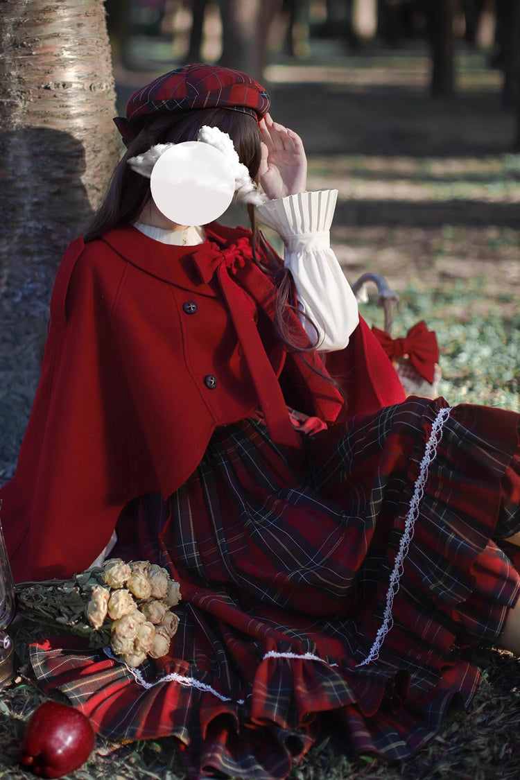 Red [Little Red Riding Hood] Double-Layered Plaid Print Ruffle Bowknot Sweet Vintage Lolita Jumper Dress - Product - 14
