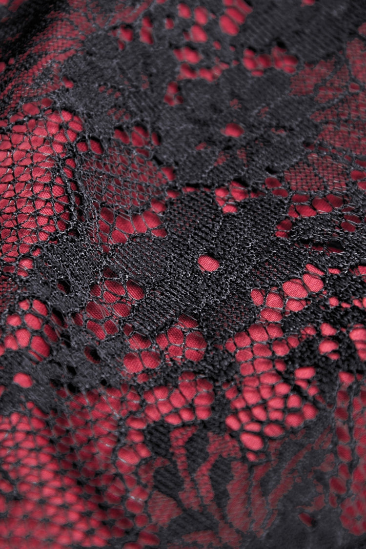 Dark Red Off Shoulder Lace-Up Double-Layered Floral Lace Women's Gothic Sexy Slip Dress - Product - 13