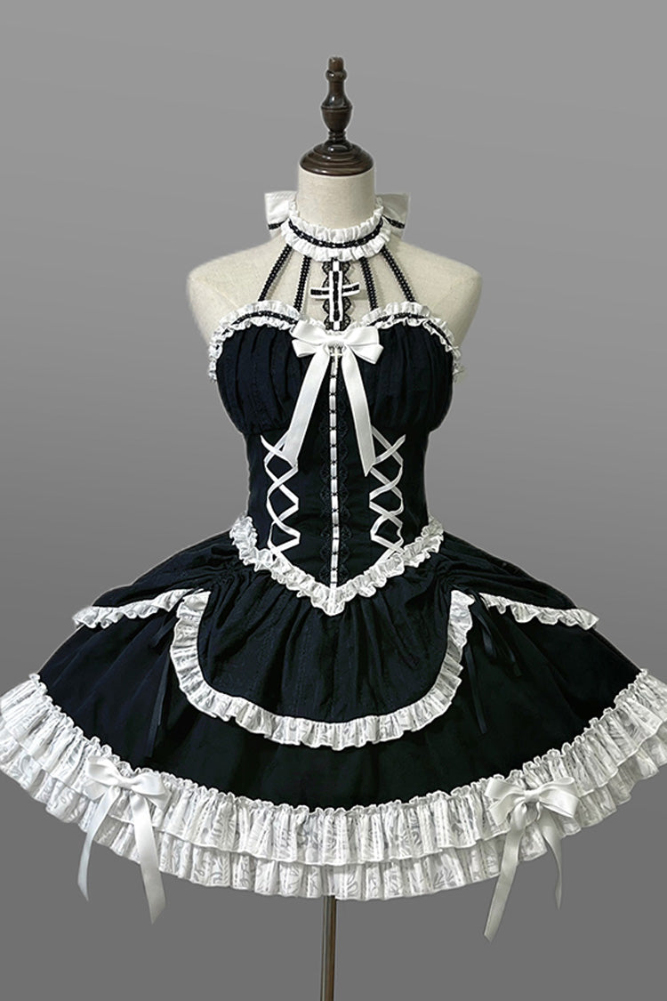 Black Cross Halterneck Ruffle Bowknot Lace Lace-Up Princess Gothic Lolita Dress - Black - 1