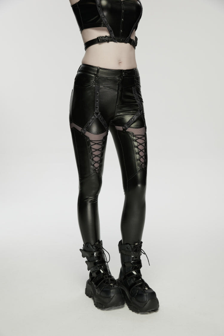 Black Cut-Out Spliced Eyelet Mesh Women's Punk Leggings - Product - 5