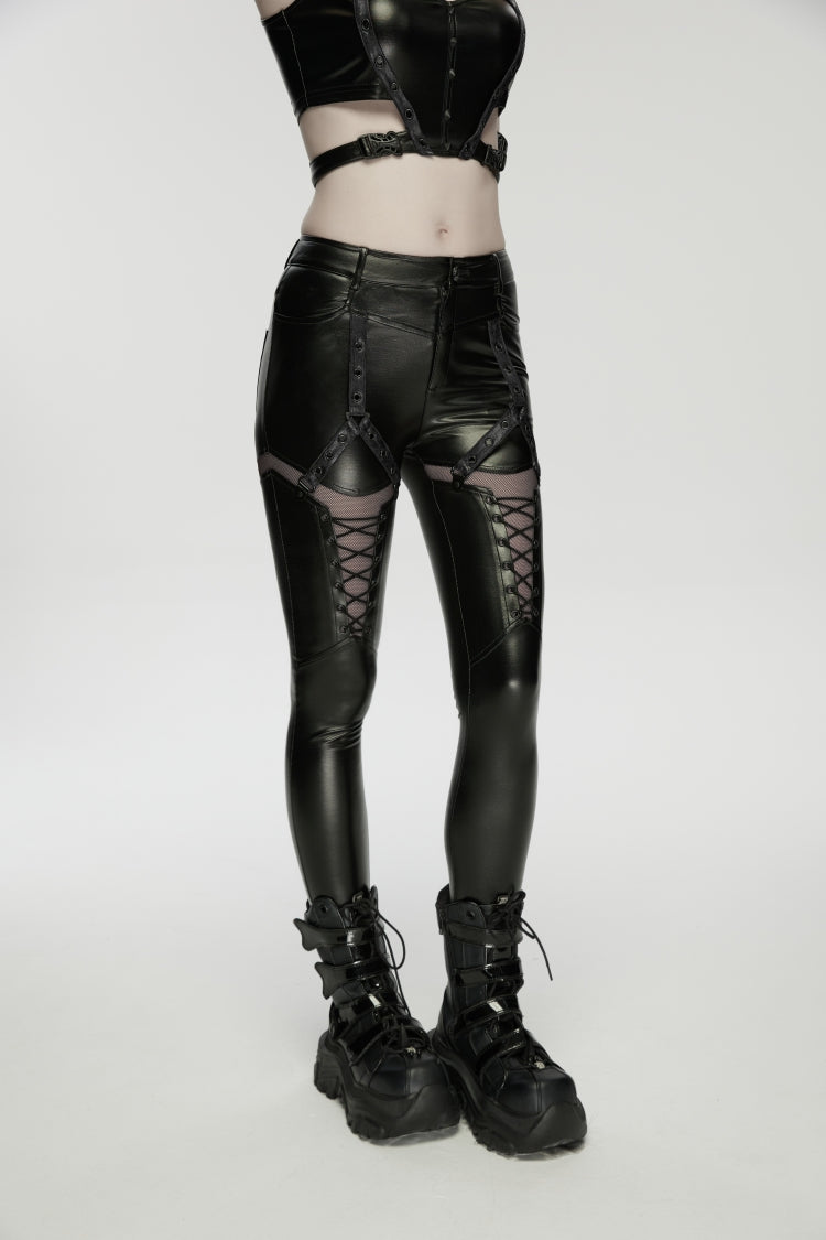 Black Cut-Out Spliced Eyelet Mesh Women's Punk Leggings - Product - 5