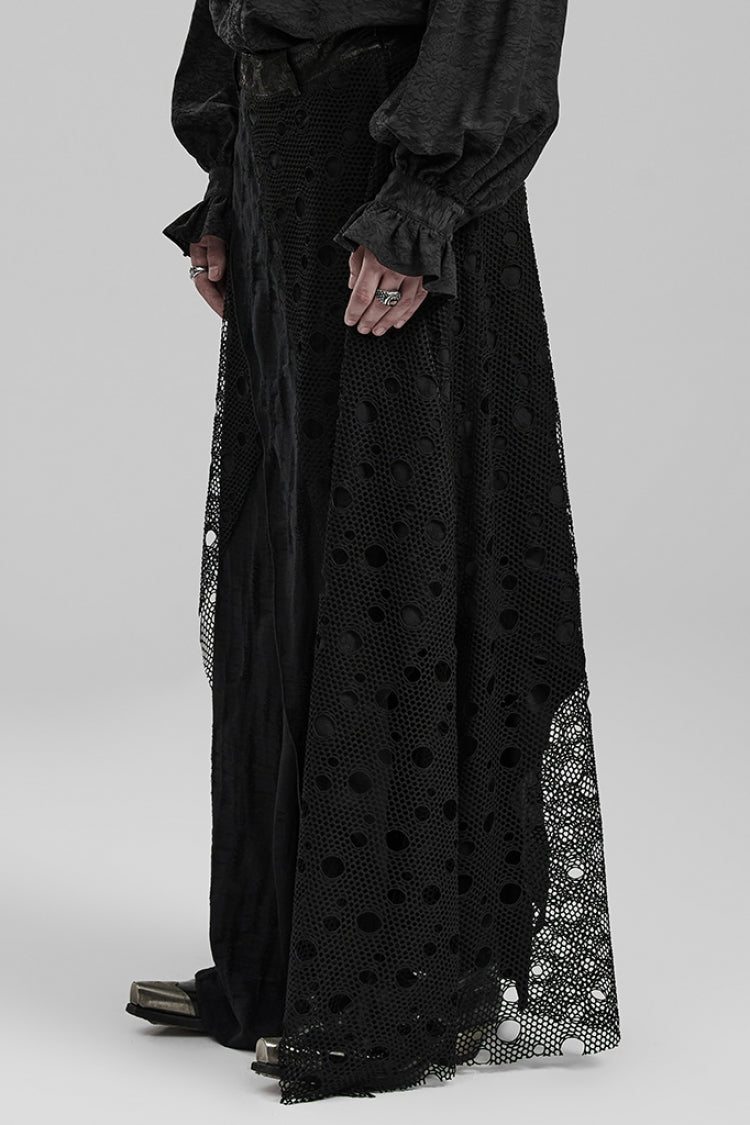 Black Stitching Irregular Mesh Ripped Men's Gothic Long Skirt - Product - 2