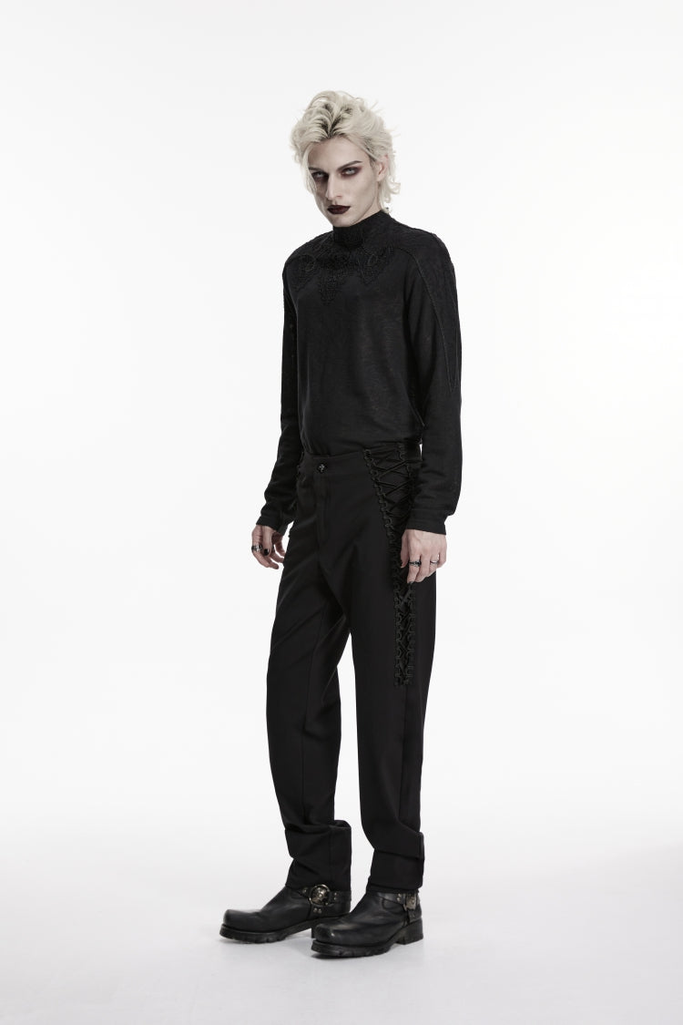 Black Spliced Lace-Up Slim Buckled Men's Gothic Pants - Product - 4