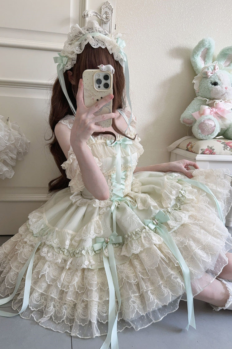 Green [Ribbon Heart Love] Sleeveless Multi-Layered Ruffle Bowknot Lace Lace-Up Sweet Princess Ballet Lolita Jsk Dress - Product - 4