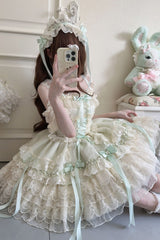 Green [Ribbon Heart Love] Sleeveless Multi-Layered Ruffle Bowknot Lace Lace-Up Sweet Princess Ballet Lolita Jsk Dress - Product - 4