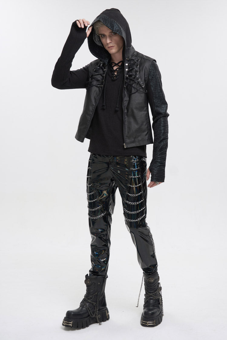Black Front And Rear String Micro Stretch Cotton Stand Collar Men's Punk Vest - Product - 5