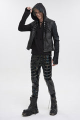 Black Front And Rear String Micro Stretch Cotton Stand Collar Men's Punk Vest - Product - 5