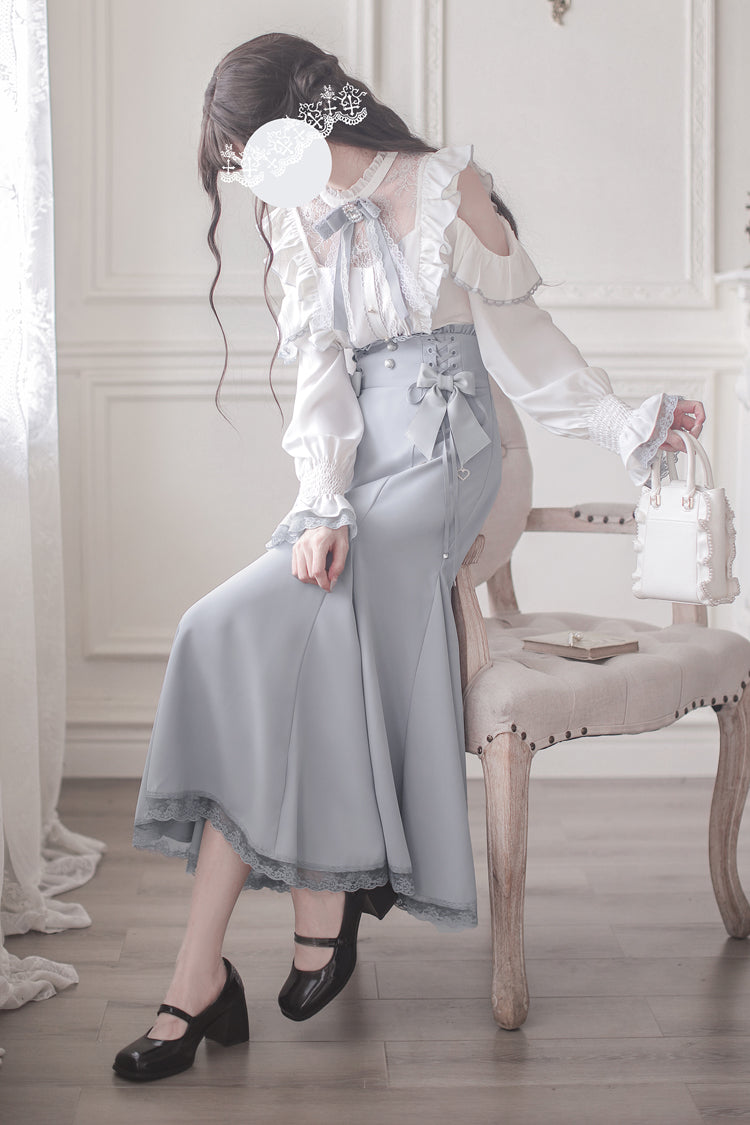 Blue Ruffle Bowknot Slim Sweet Elegant Lolita Fishtail Skirt Dress - Product - 3