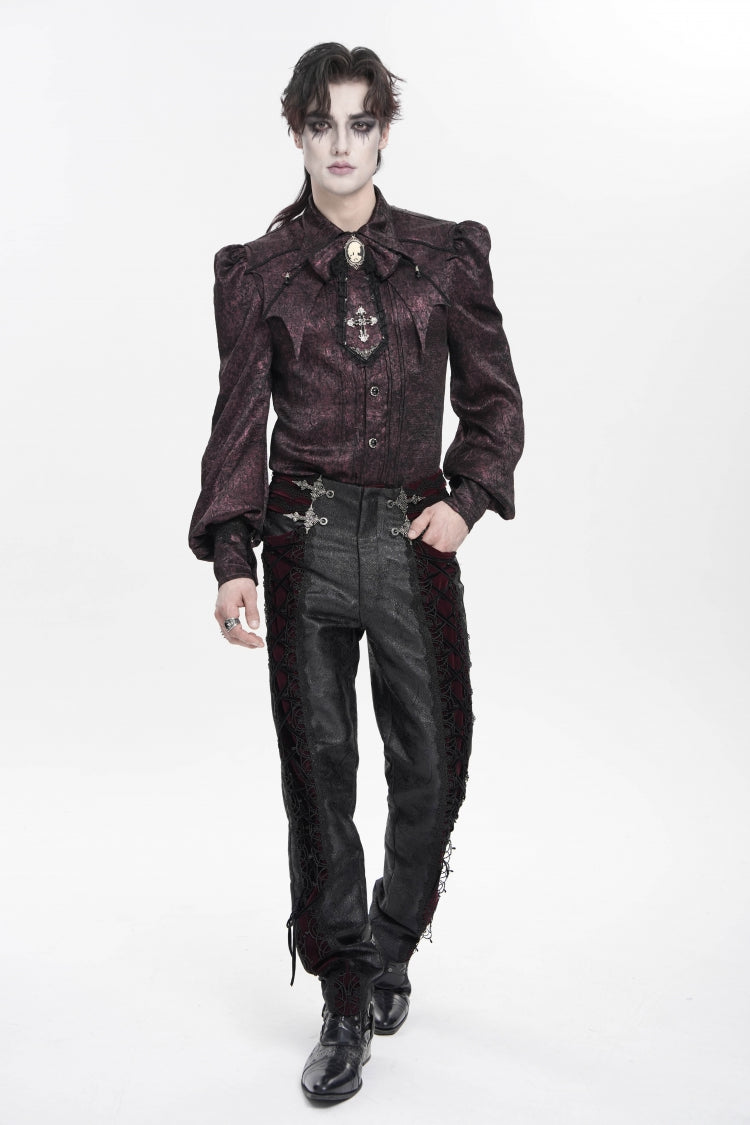 Black/Red Jacquard Spliced Lace-Up Slim Men's Gothic Velvet Palace Pants - Black/Red - 1