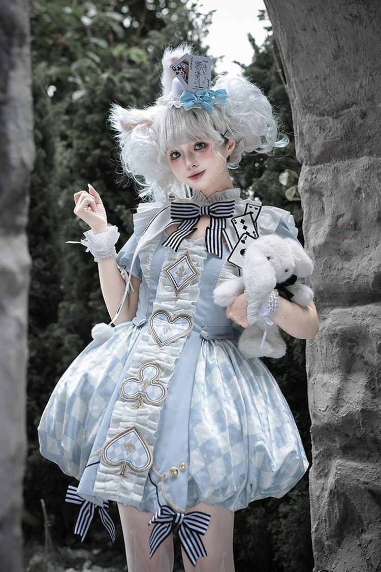 Alice blue playing card embroidered fantasy Lolita dress front view