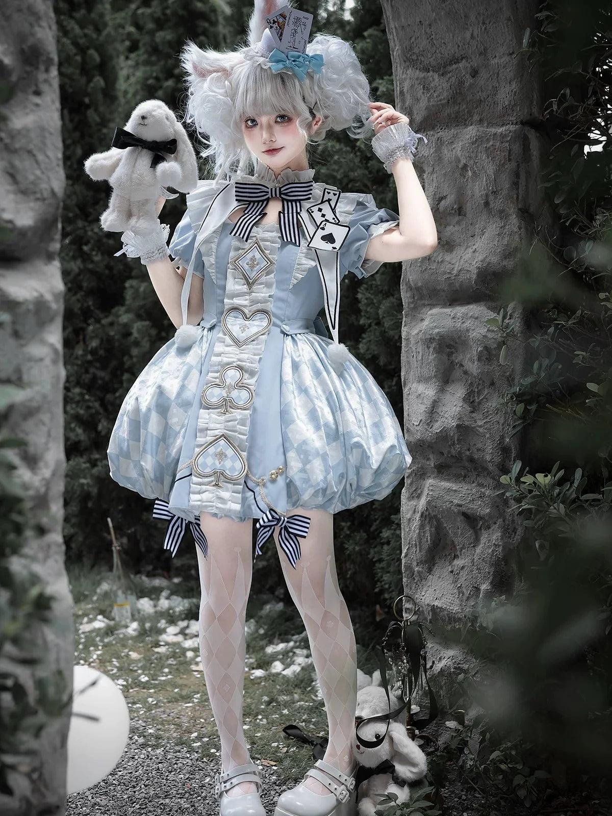 Alice blue playing card Lolita dress fabric detail