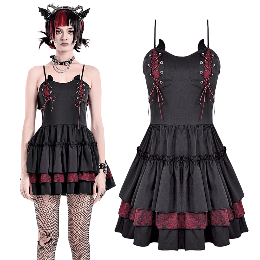 Alternative Lace-Up Ruffle Mini Dress with Bat Straps - image 3