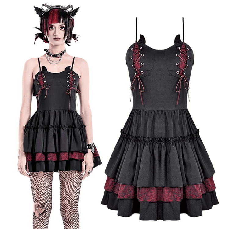 Alternative Lace-Up Ruffle Mini Dress with Bat Straps - image 3