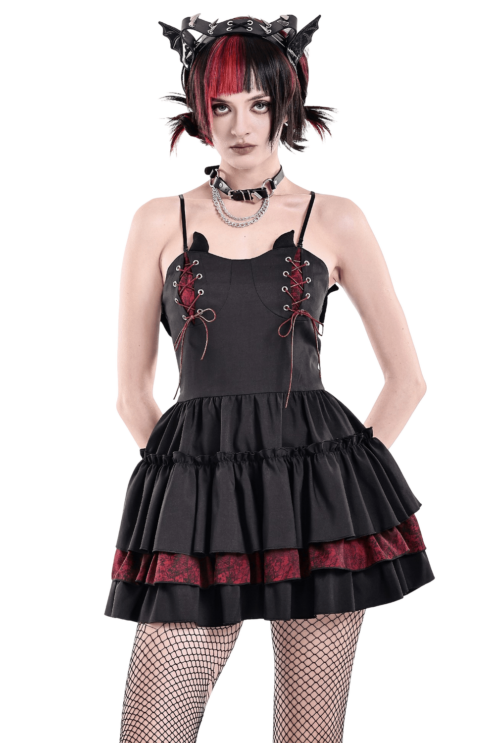 Alternative Lace-Up Ruffle Mini Dress with Bat Straps - image 1