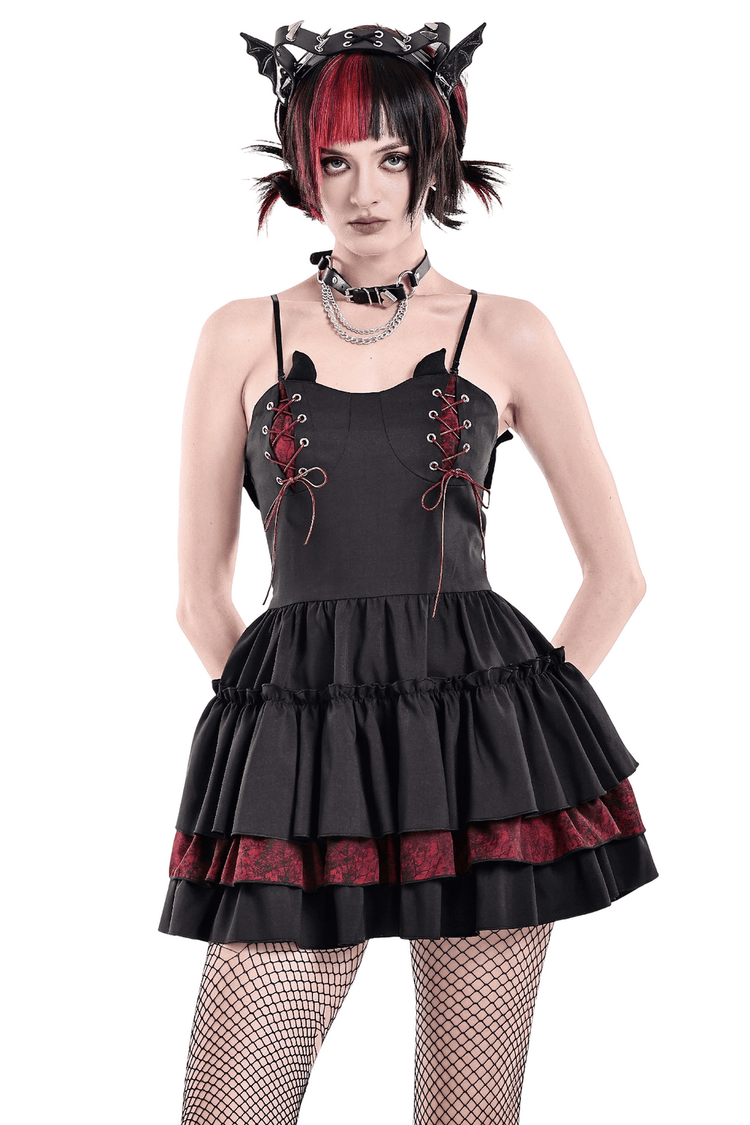 Alternative Lace-Up Ruffle Mini Dress with Bat Straps - image 1