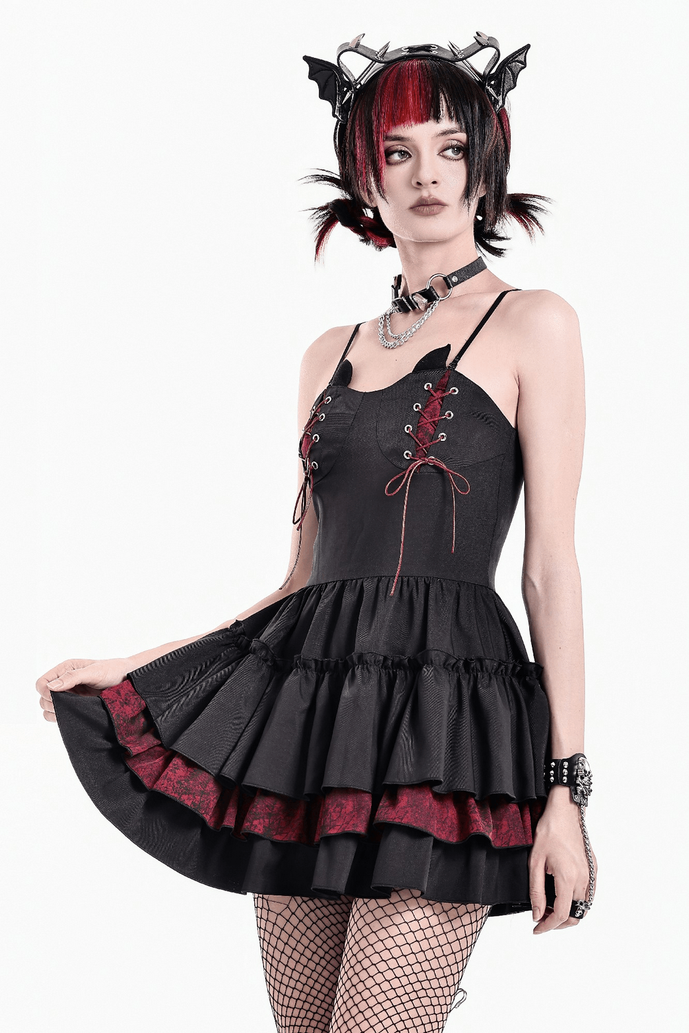 Alternative Lace-Up Ruffle Mini Dress with Bat Straps - image 10