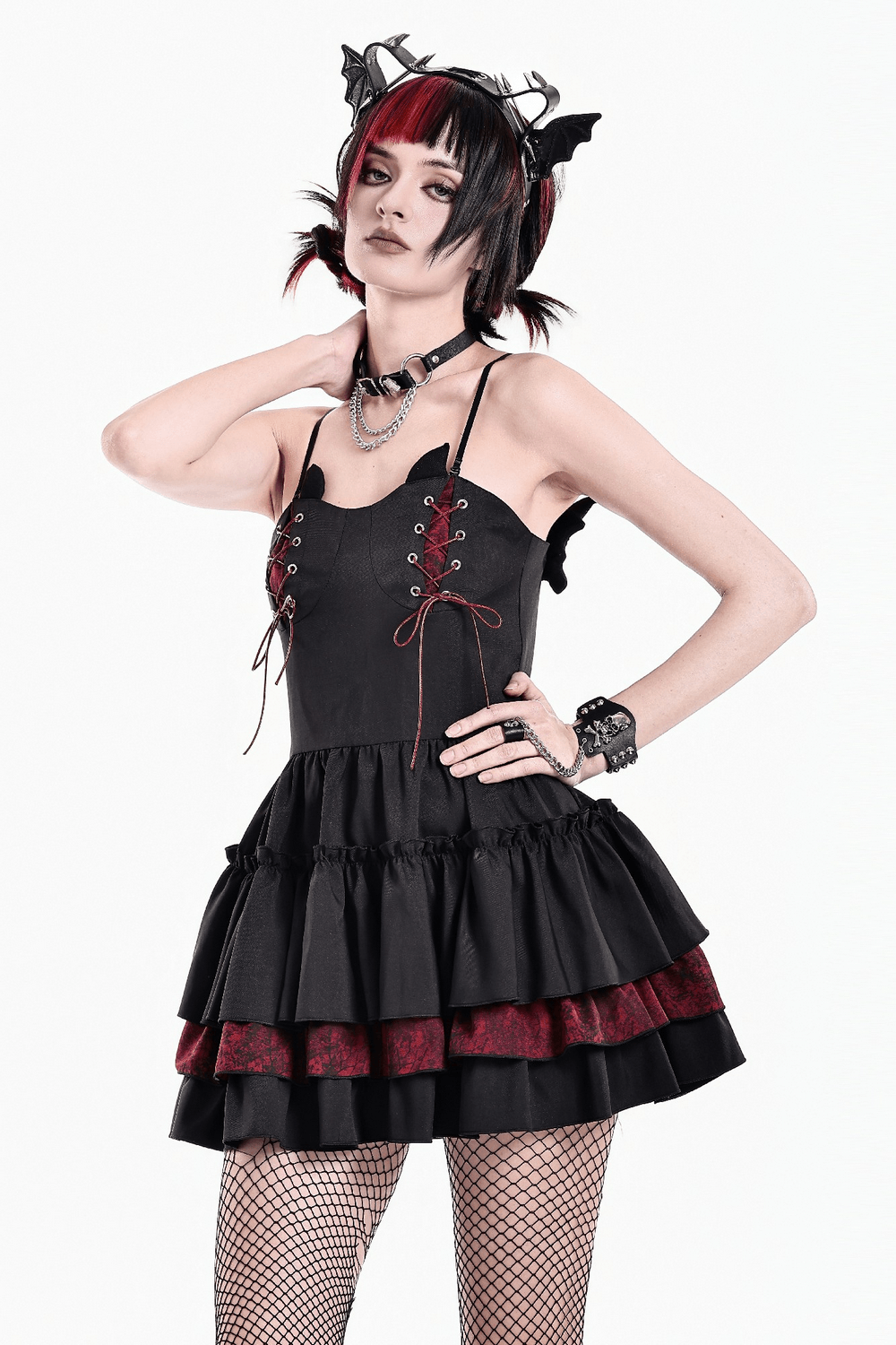 Alternative Lace-Up Ruffle Mini Dress with Bat Straps - image 11