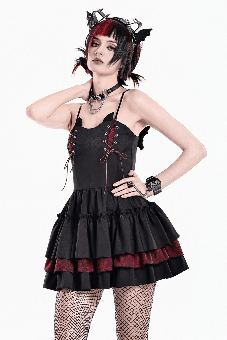 Alternative Lace-Up Ruffle Mini Dress with Bat Straps - image 11