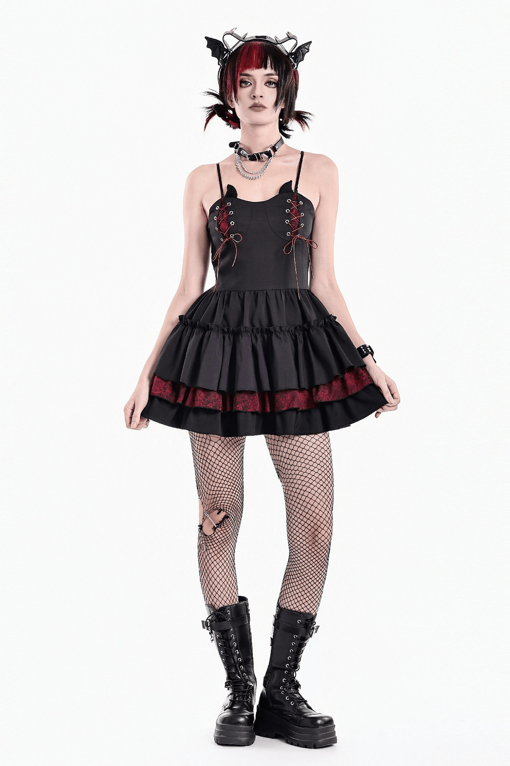Alternative Lace-Up Ruffle Mini Dress with Bat Straps - image 12