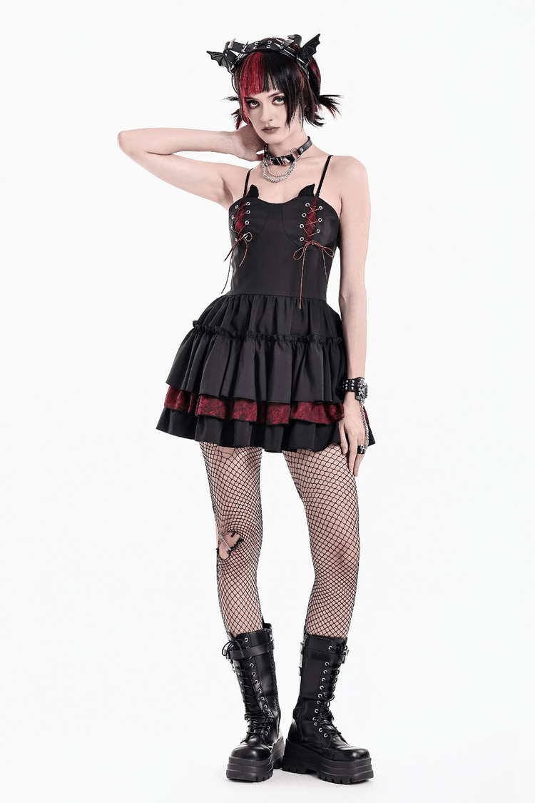 Alternative Lace-Up Ruffle Mini Dress with Bat Straps - image 13