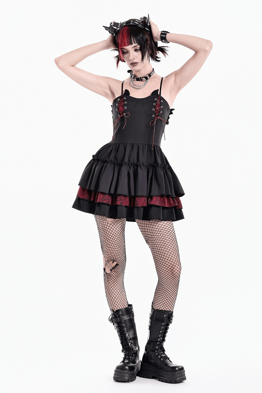 Alternative Lace-Up Ruffle Mini Dress with Bat Straps - image 14