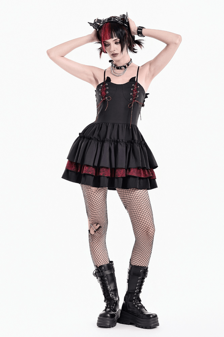 Alternative Lace-Up Ruffle Mini Dress with Bat Straps - image 14