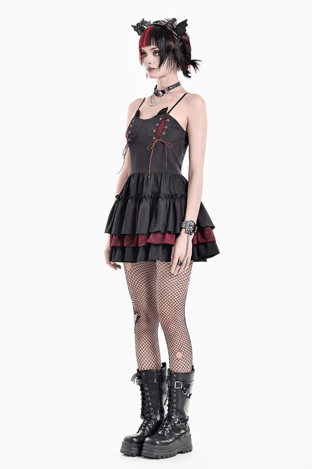 Alternative Lace-Up Ruffle Mini Dress with Bat Straps - image 15