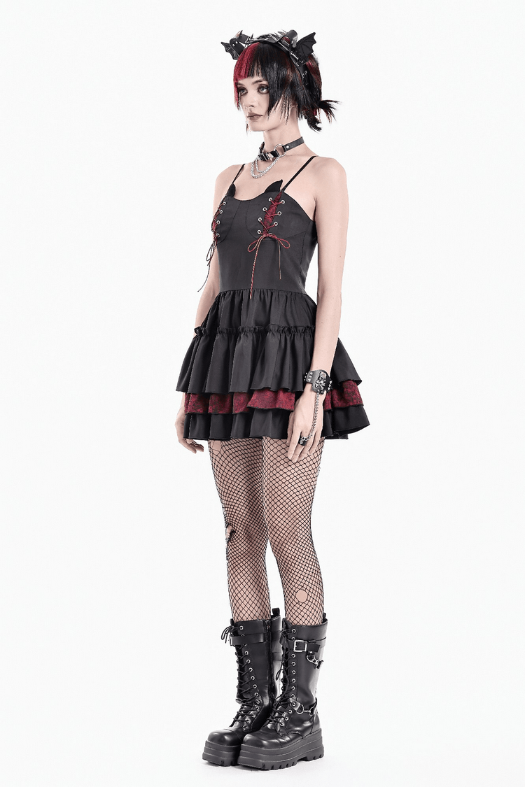 Alternative Lace-Up Ruffle Mini Dress with Bat Straps - image 15