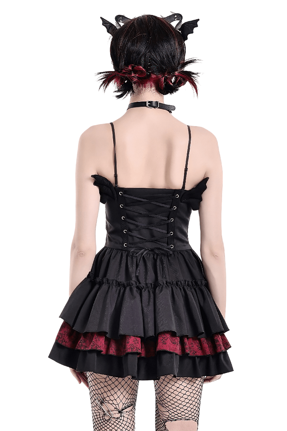 Alternative Lace-Up Ruffle Mini Dress with Bat Straps - image 2