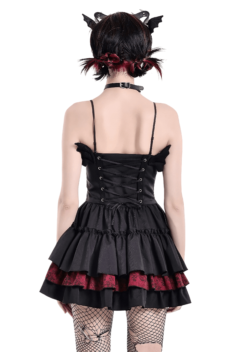 Alternative Lace-Up Ruffle Mini Dress with Bat Straps - image 2