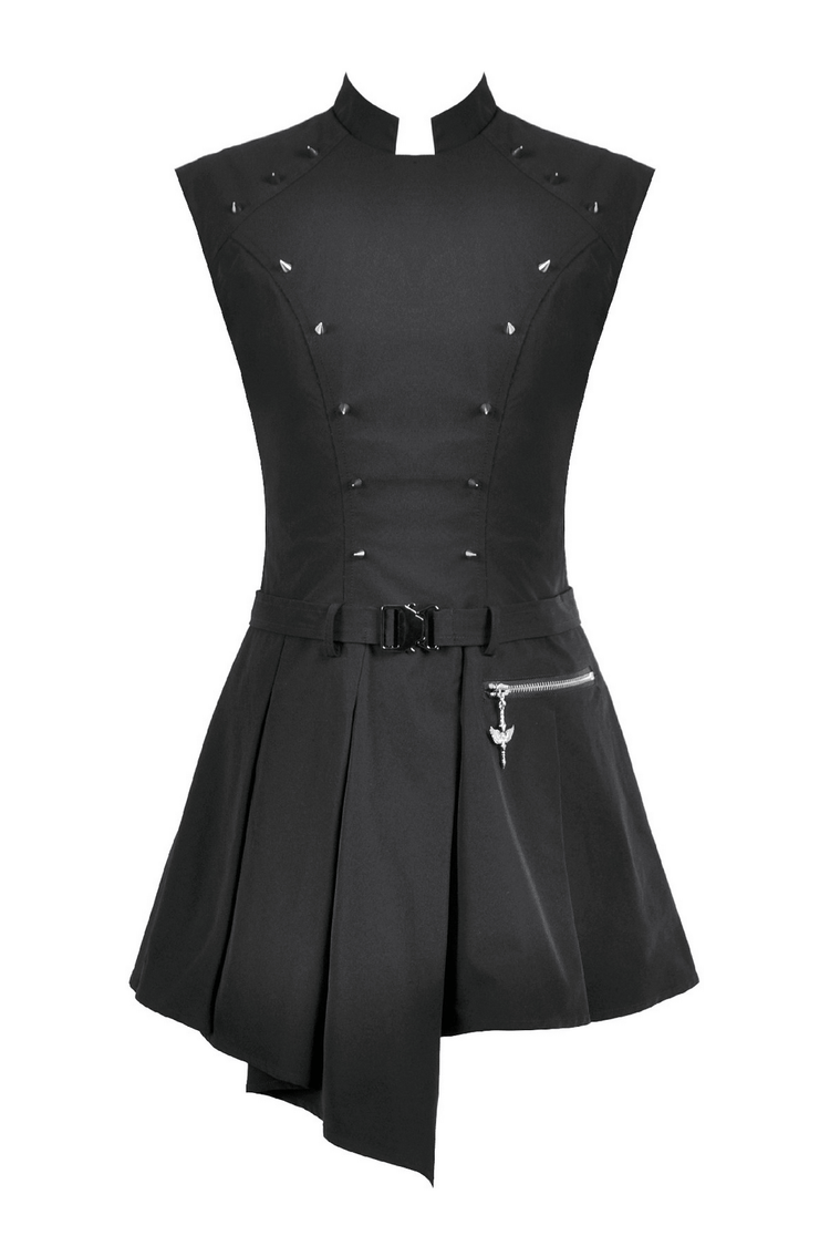 Asymmetric Gothic Studded Dress with Belt and Zipper - image 4