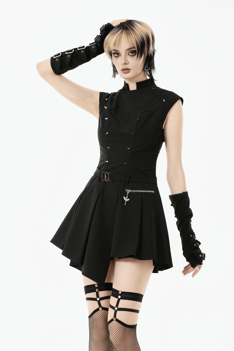 Asymmetric Gothic Studded Dress with Belt and Zipper - image 13