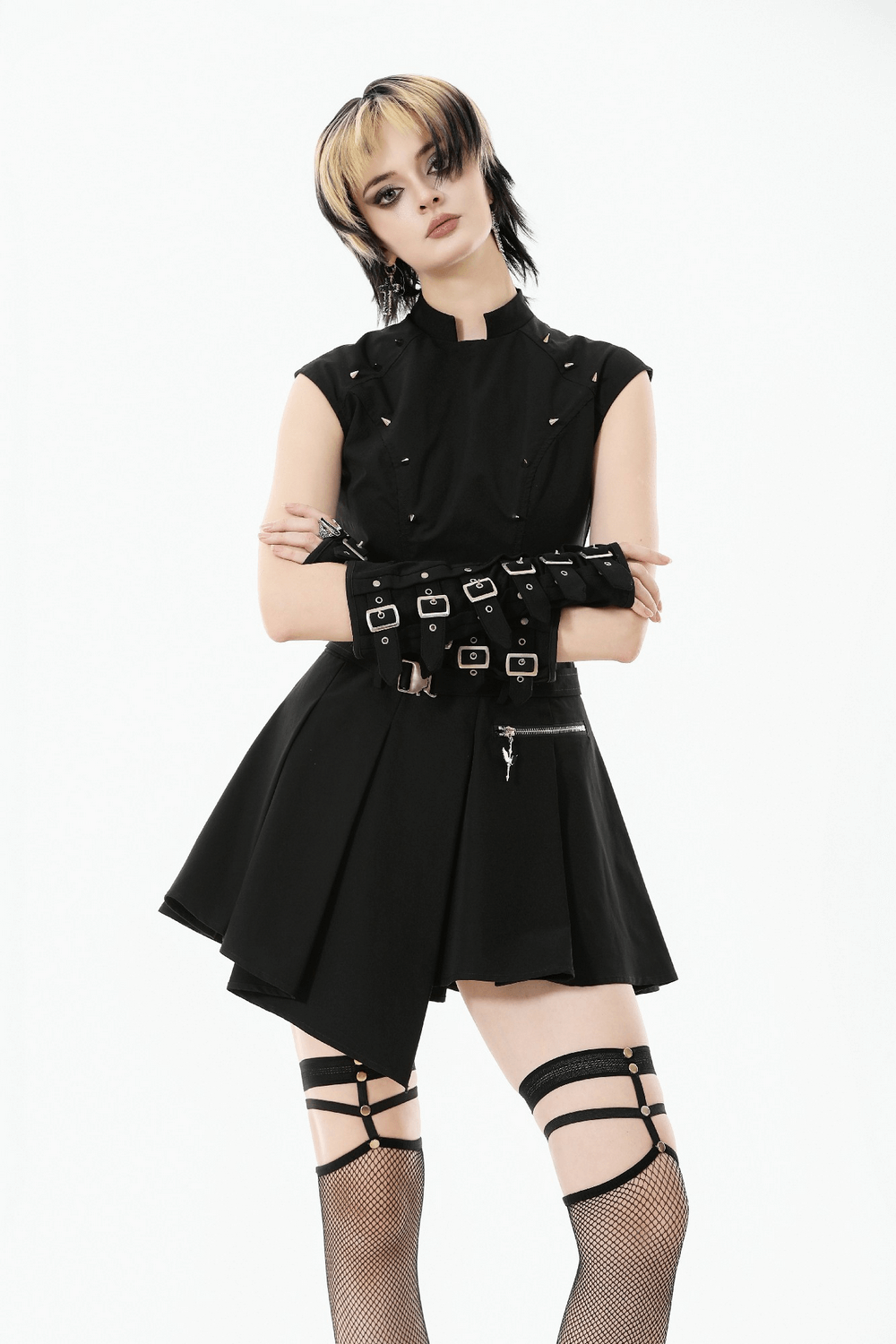 Asymmetric Gothic Studded Dress with Belt and Zipper - image 14