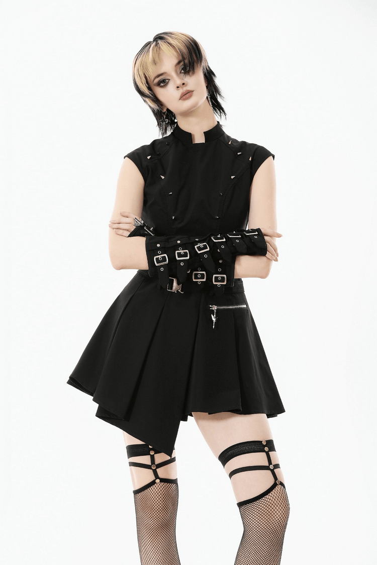 Asymmetric Gothic Studded Dress with Belt and Zipper - image 14