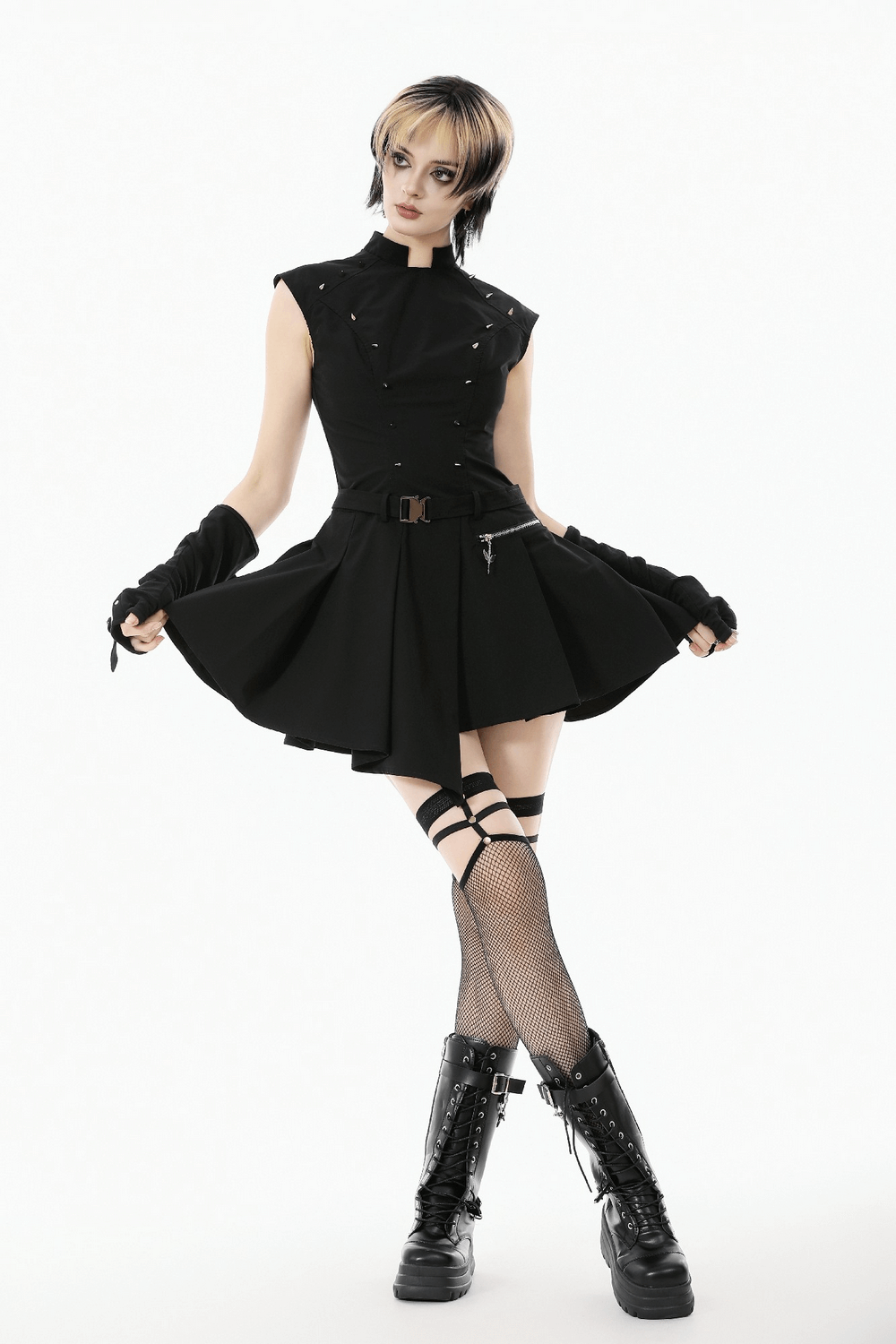 Asymmetric Gothic Studded Dress with Belt and Zipper - image 18