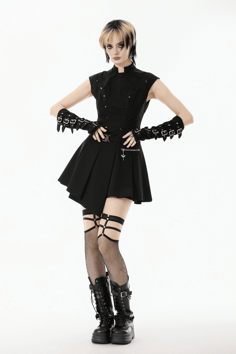 Asymmetric Gothic Studded Dress with Belt and Zipper - image 15