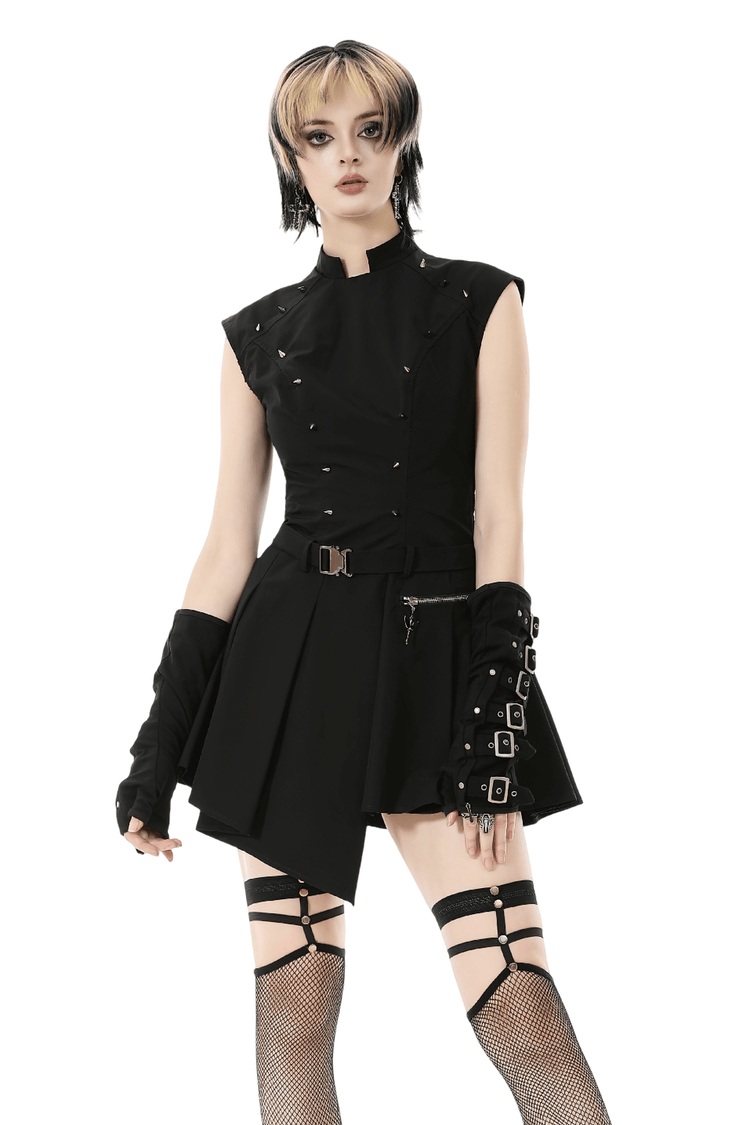 Asymmetric Gothic Studded Dress with Belt and Zipper - image 1