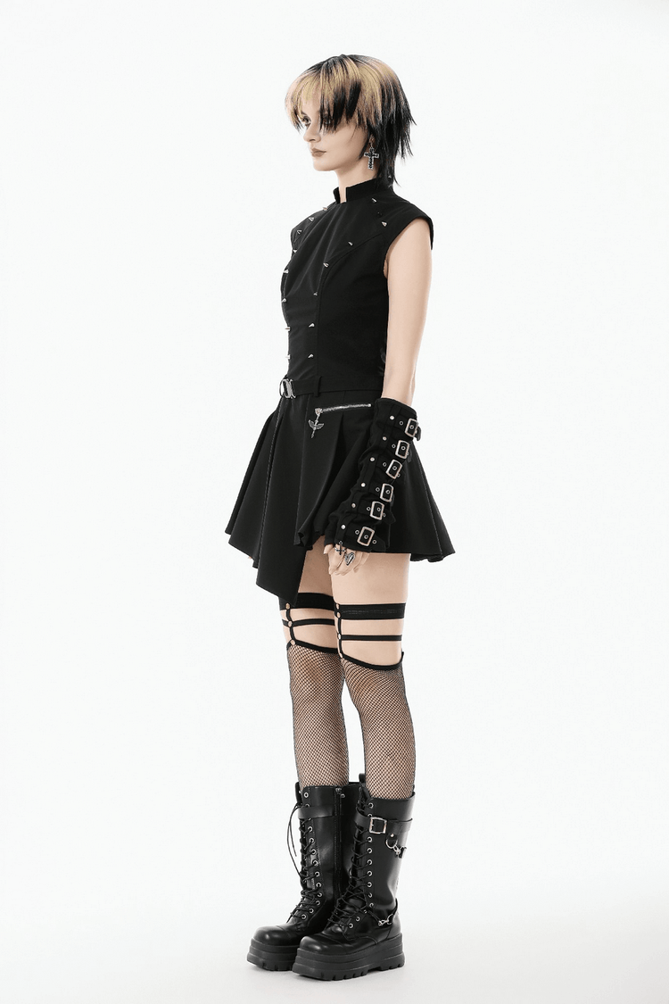 Asymmetric Gothic Studded Dress with Belt and Zipper - image 17
