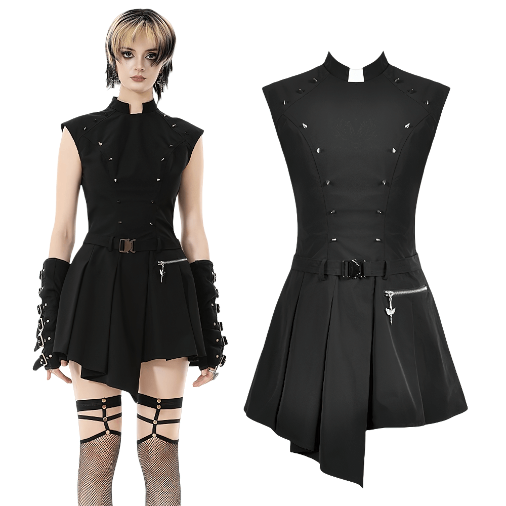 Asymmetric Gothic Studded Dress with Belt and Zipper - image 3