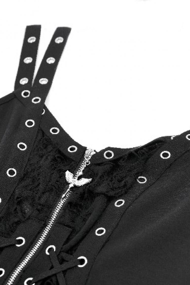 Black Women's Punk Eyelet Lace-Up Ripped Front Zippered Tank Top - Product - 11