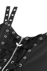 Black Women's Punk Eyelet Lace-Up Ripped Front Zippered Tank Top - Product - 11