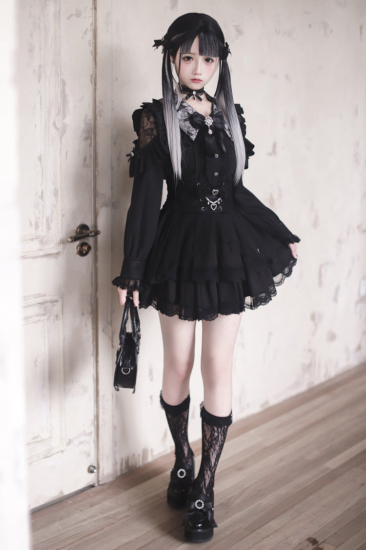 Black [Dreamy Love Ballad] Lapel Collar Long Sleeves Double-Layered Ruffled Cut-Out Bow Gothic Japanese Jirai Kei Skirt Set - Product - 5
