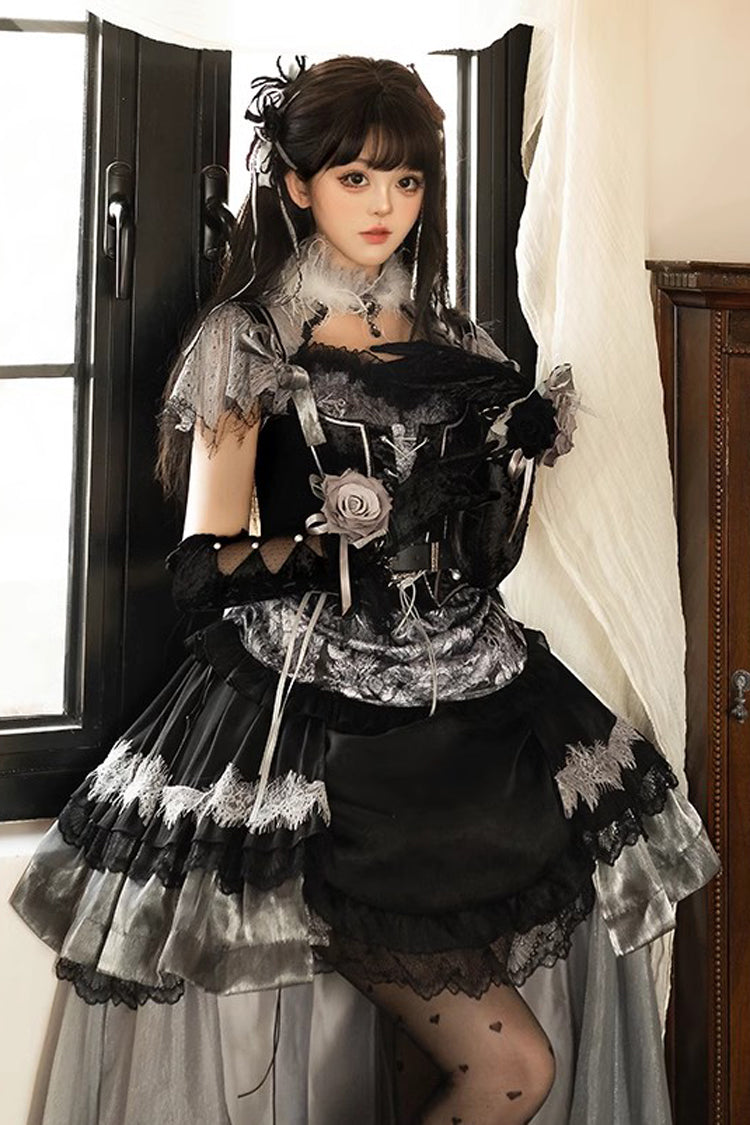 Black [Dark Night Rose] Short Sleeves Print Ruffle Bowknot Lace Asymmetric Gothic Lolita Dress - Product - 2