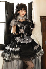 Black [Dark Night Rose] Short Sleeves Print Ruffle Bowknot Lace Asymmetric Gothic Lolita Dress - Product - 2