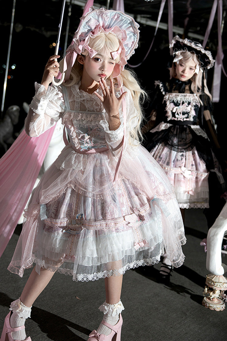 Pink/Blue [Pegasus Park] Multi-Layered Print Ruffle Bowknot Lace Sweet Gorgeous Lolita Jsk Dress - Product - 7