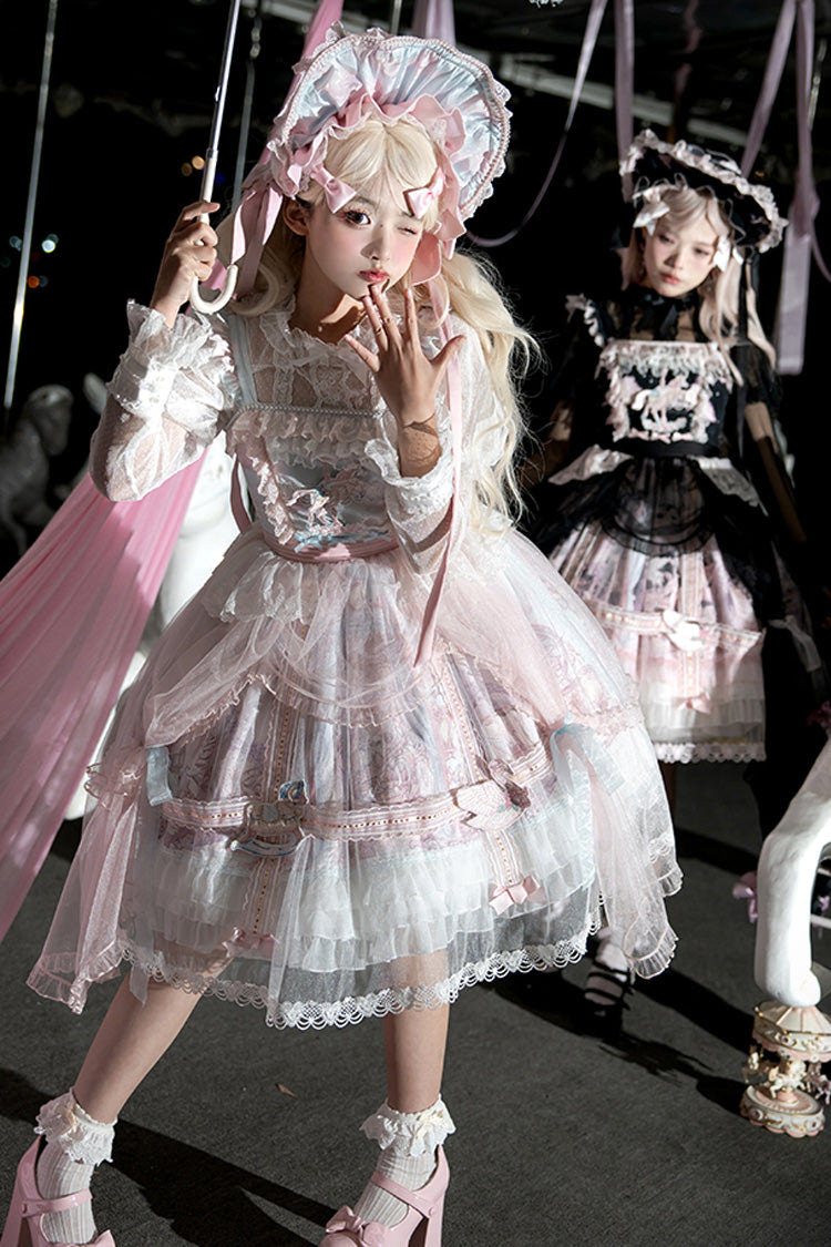 Black/Pink [Pegasus Park] Multi-Layered Print Ruffle Bowknot Lace Sweet Gorgeous Lolita Jsk Dress - Product - 5