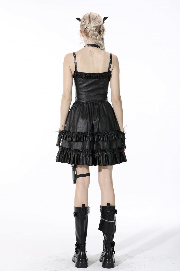 Black Sleeveless Layered Buckled Zippered Women's Gothic Faux Leather Strap Dress - Product - 4