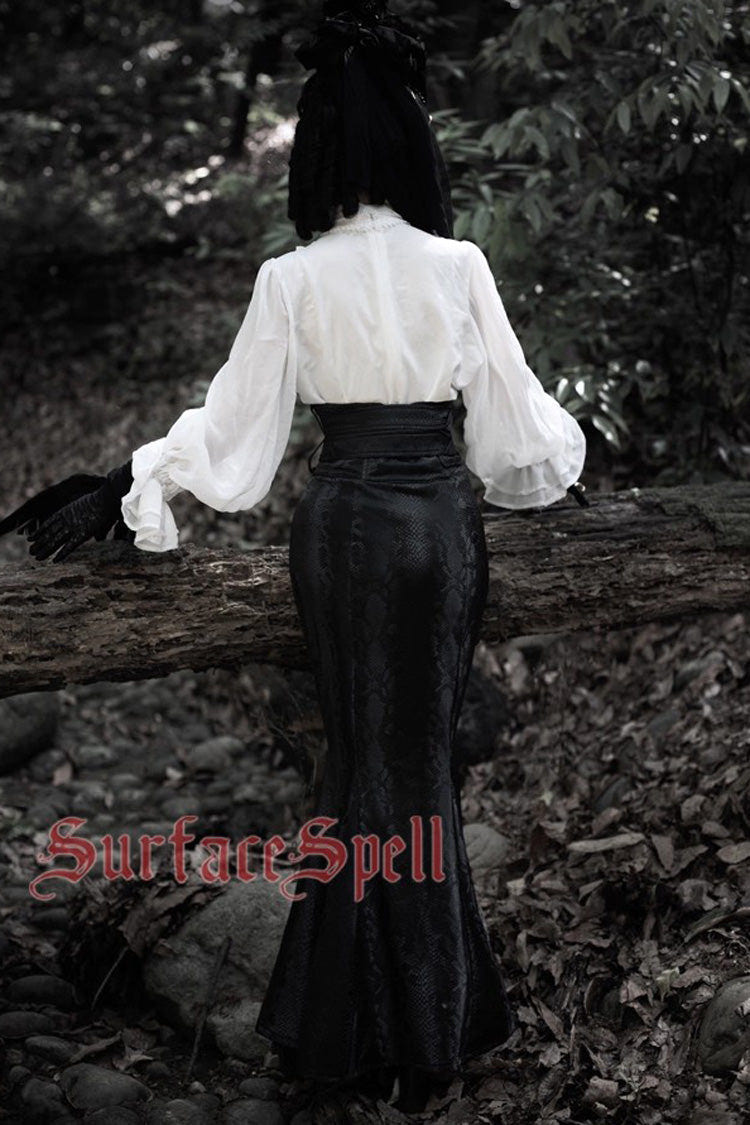 Black Faux Leather Snake Print Flared Fishbone Mermaid Gothic Lolita Skirt - Product - 9