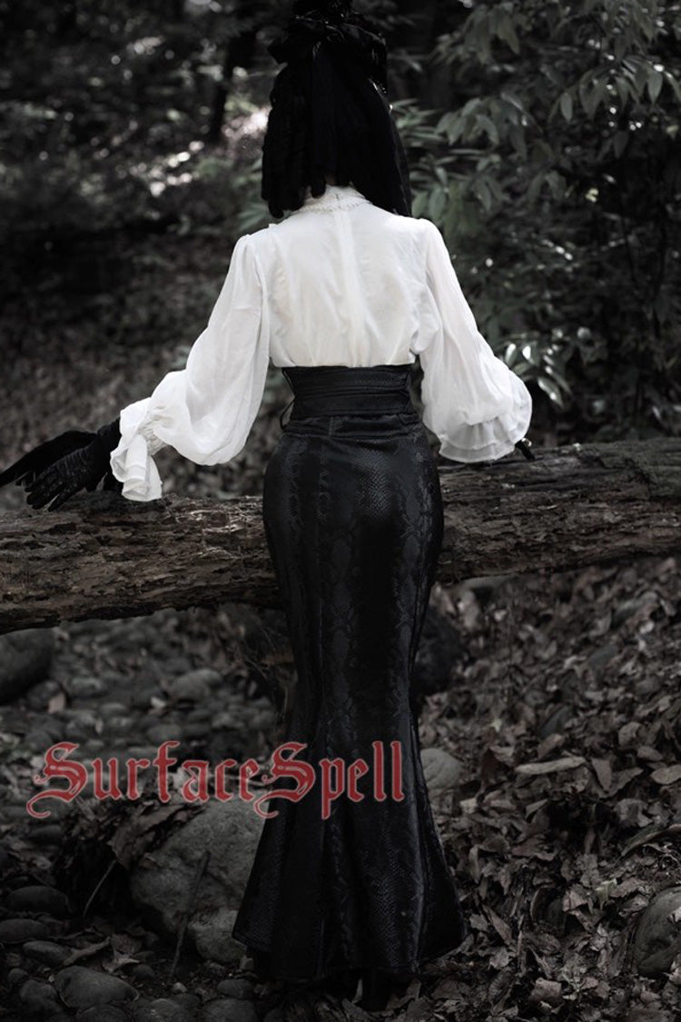 Black Faux Leather Snake Print Flared Fishbone Mermaid Gothic Lolita Skirt - Product - 9